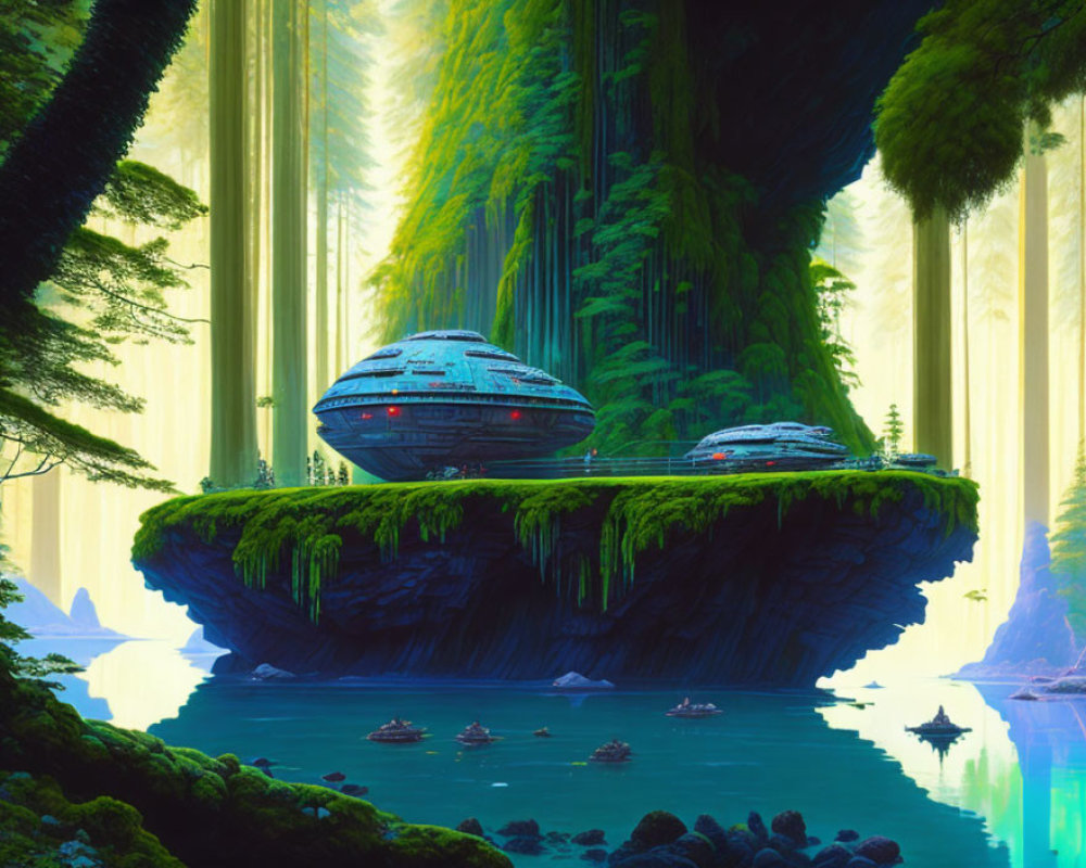 Futuristic spacecrafts on lush floating island above tranquil lake