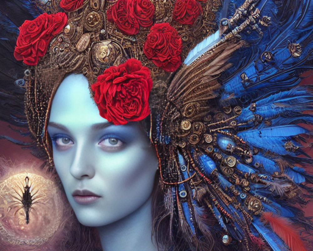 Fantasy illustration: Blue-skinned woman with steampunk headdress, red moon, and spider