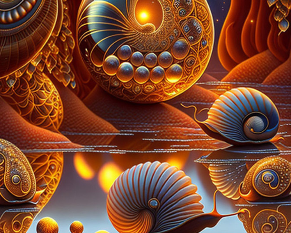 Colorful digital artwork: stylized snail shells and intricate patterns in warm tones