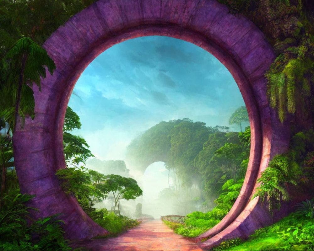 Mystical stone archway in lush greenery with misty forest landscape