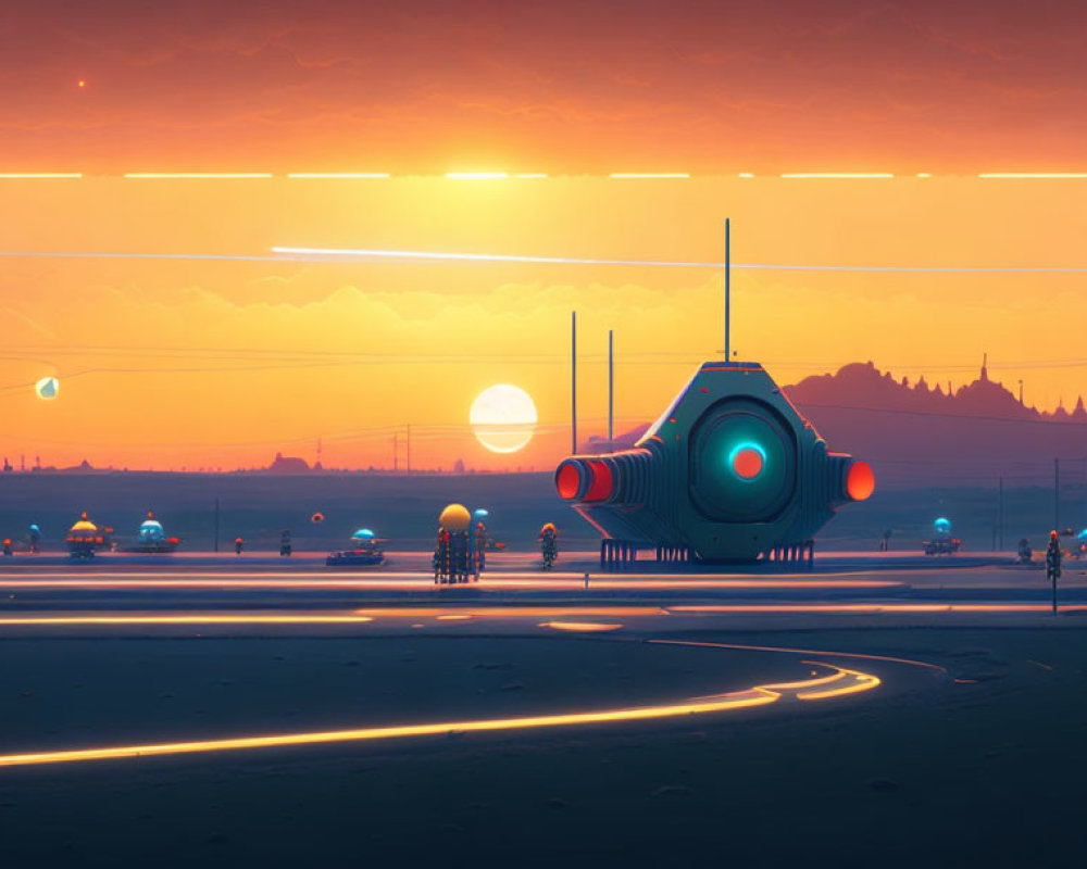 Futuristic Sunset Landing Pad with Spaceship and Vessels