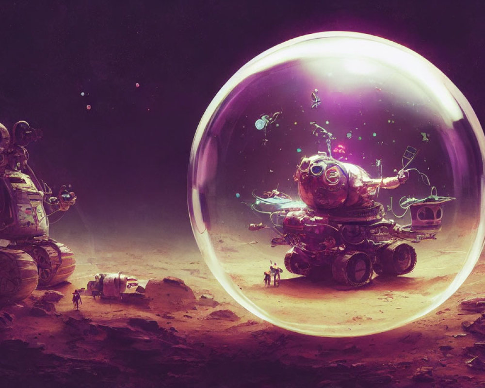 Sci-fi astronaut and robots on alien planet with mini-galaxy bubble