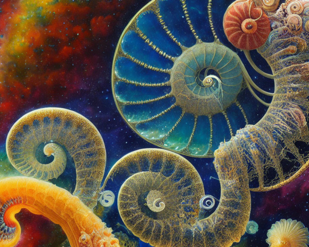 Vibrant spiral-shaped shells in cosmic backdrop