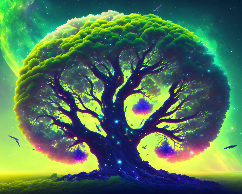 Colorful digital artwork of mystical tree under starry sky