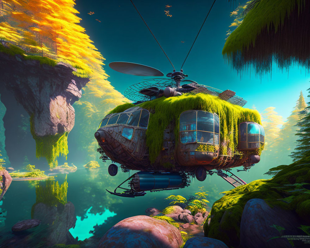 Digital artwork: Moss-covered helicopter in vibrant, fantastical landscape