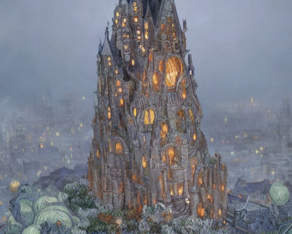 Illustrated gothic castle in foggy blue-toned town.