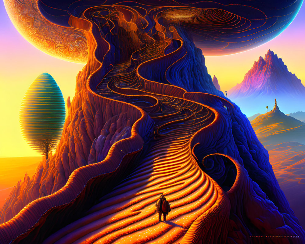 Vibrant Path with Surreal Landscape and Colorful Mountains