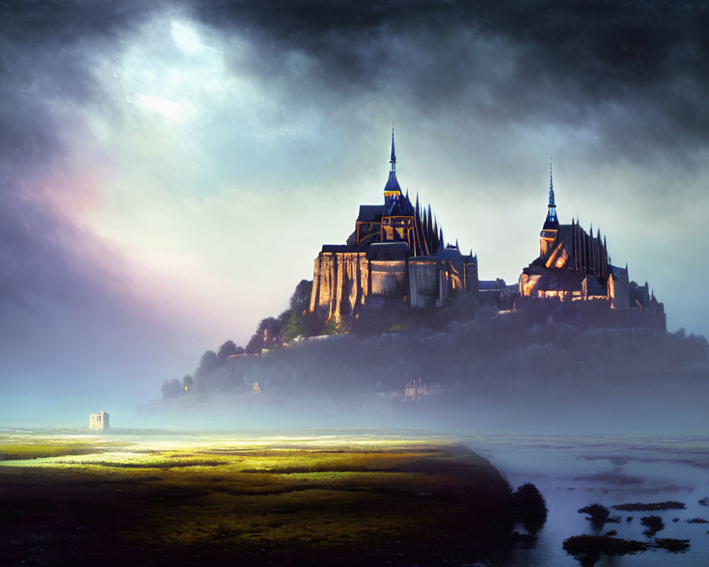 Majestic castle on hill with dramatic sky and enchanting landscape