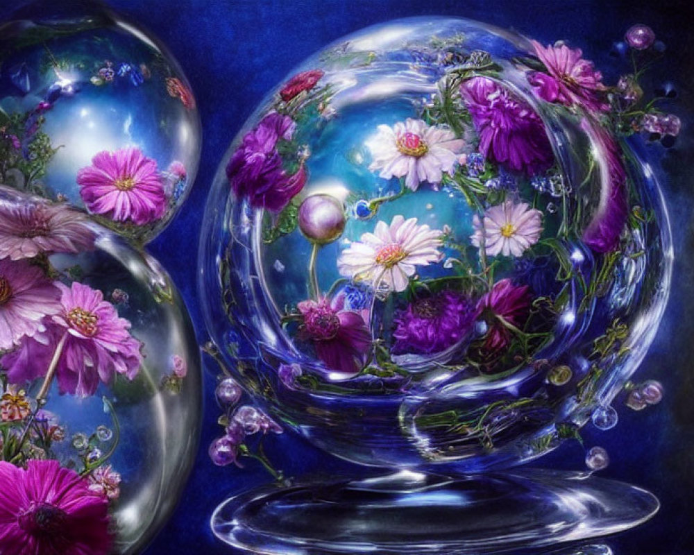 Vibrant Flower and Bubble Filled Spheres on Dark Blue Background