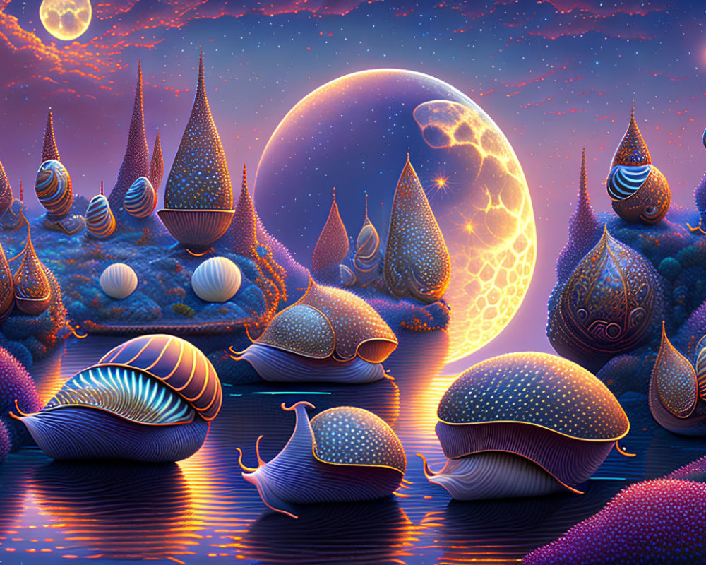 Fantasy landscape with shell-shaped structures and starlit sky