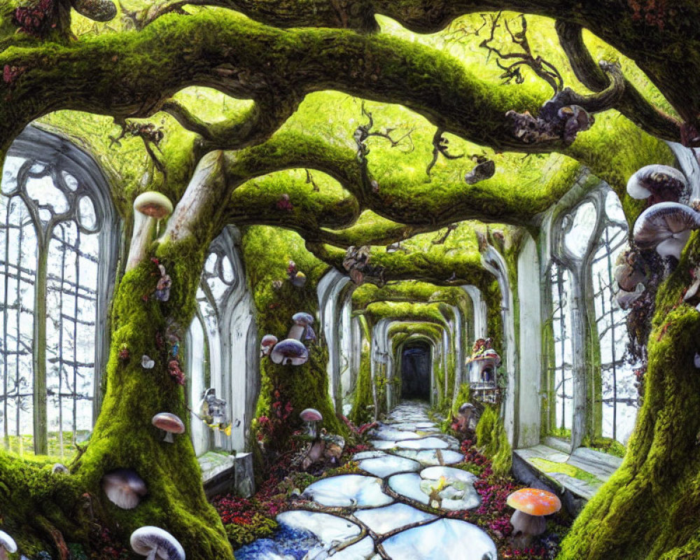 Moss-Covered Hallway with Tree Branches and Mushrooms in Ethereal Light