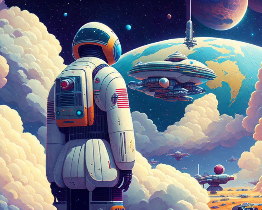 Illustration of astronaut in vibrant space vista with spaceships, planets, and nebulous clouds