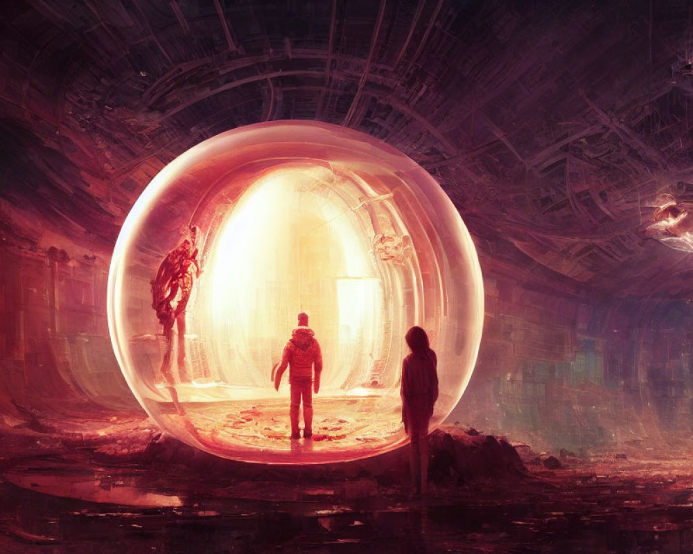 Futuristic scene with two people, glowing orb, and robot-like figure