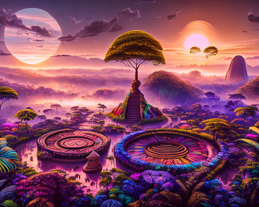 Fantasy landscape with purple sky, two moons, illuminated flora, and spiraling trees