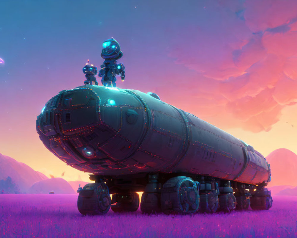 Purple field at dusk with spaceship, two robots, and pink sky