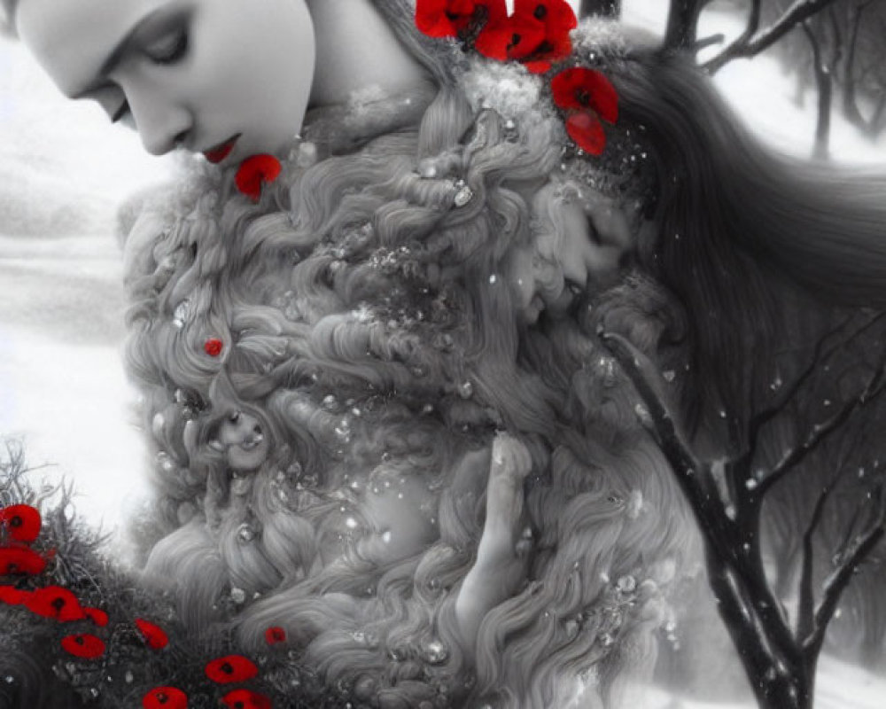 Grayscale image of contemplative person with long hair and red flowers, textured garment, snowy backdrop