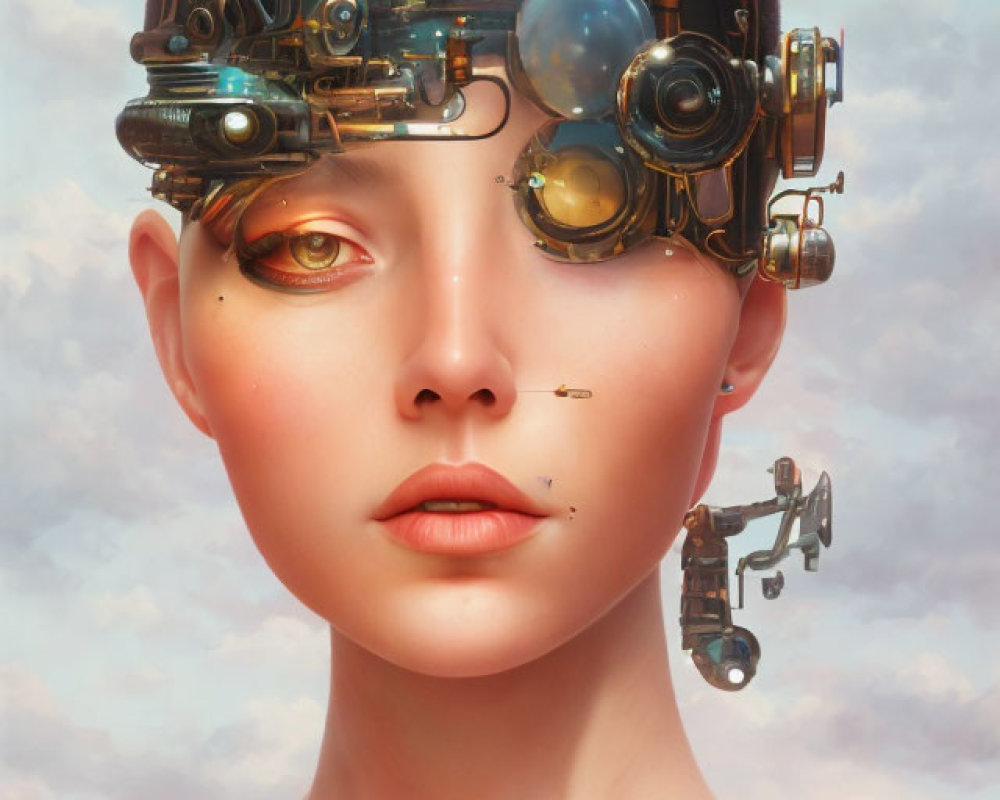 Digital Artwork: Person with Surreal Futuristic Helmet and Floating Ships