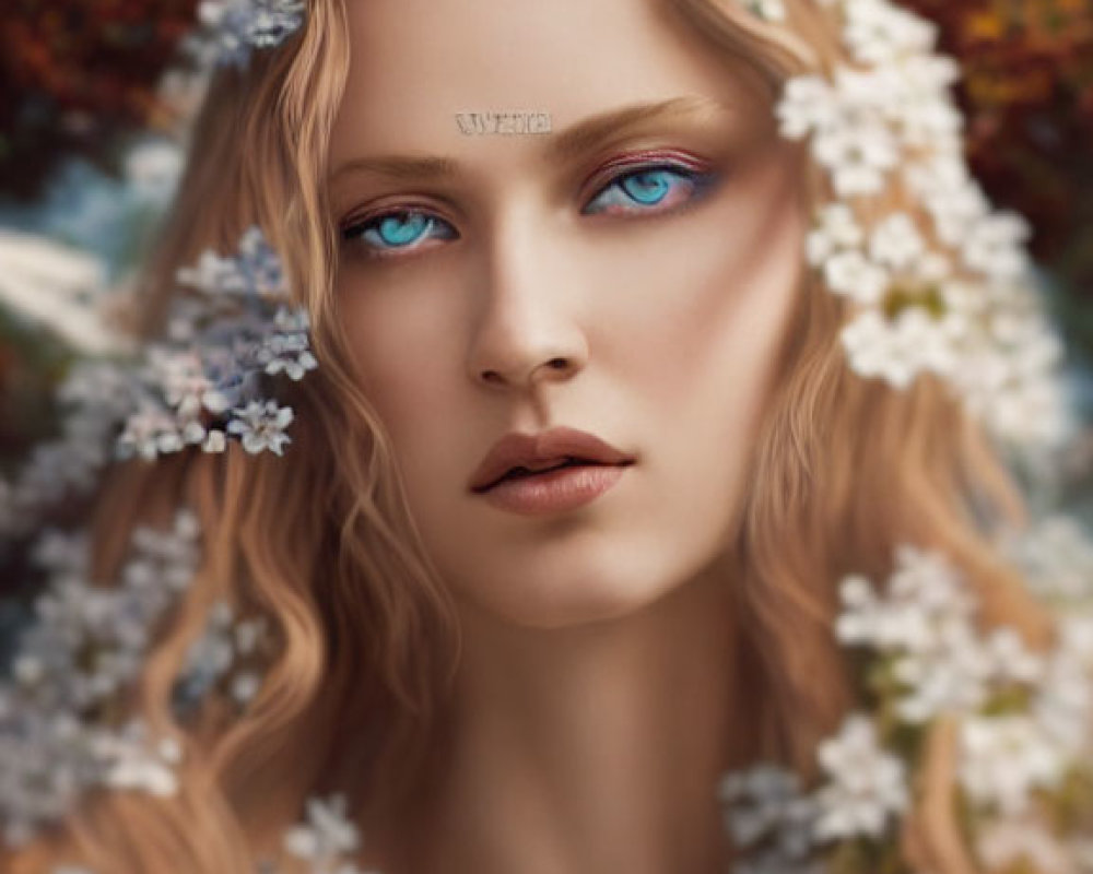 Woman with Blue Eyes and Floral Crown Against Intricate Architecture