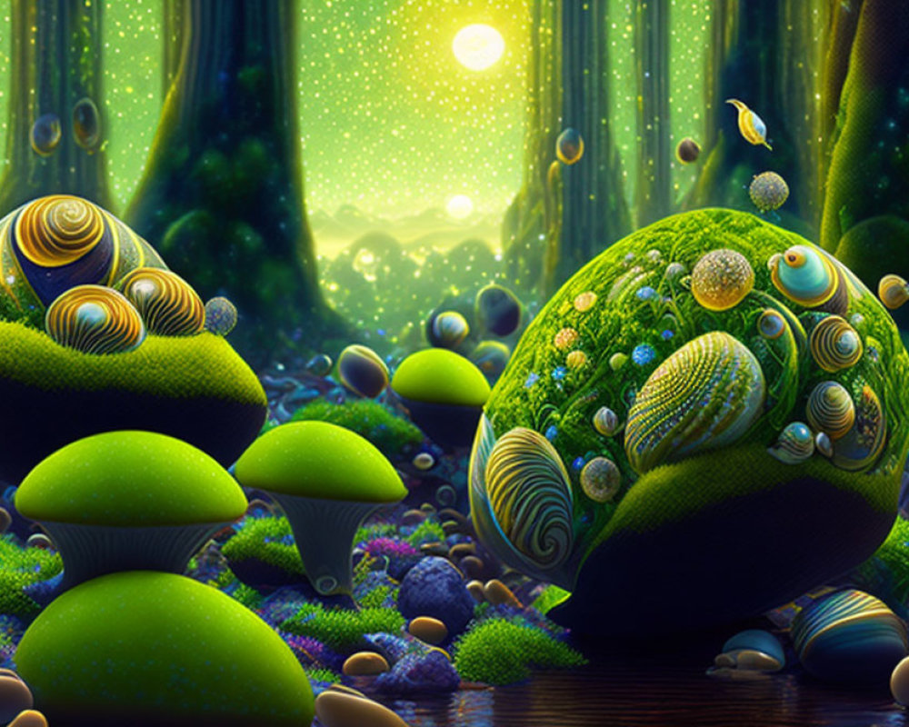 Mystical forest digital artwork with vibrant mushrooms and floating orbs