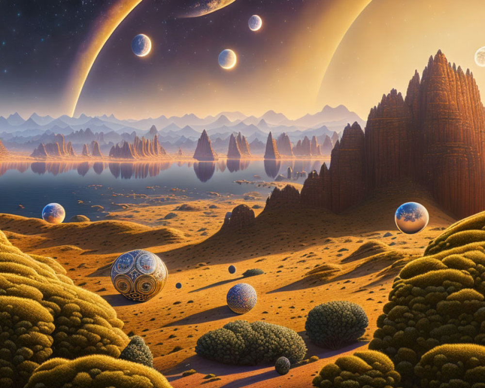 Surreal landscape featuring moons, ringed planet, spheres, and rock formations