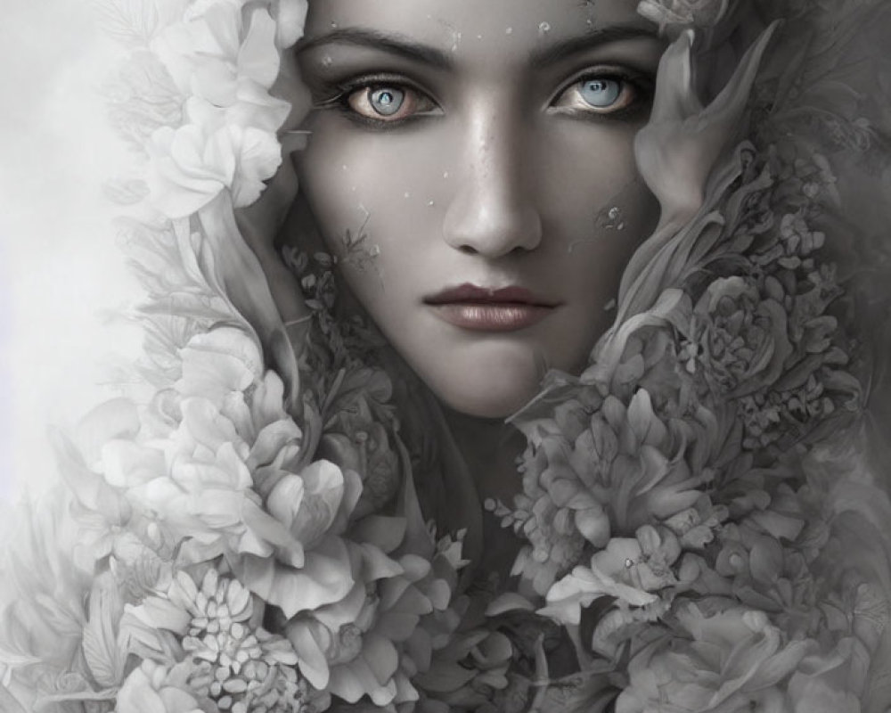 Monochrome digital portrait featuring person with striking blue eyes and intricate floral patterns.