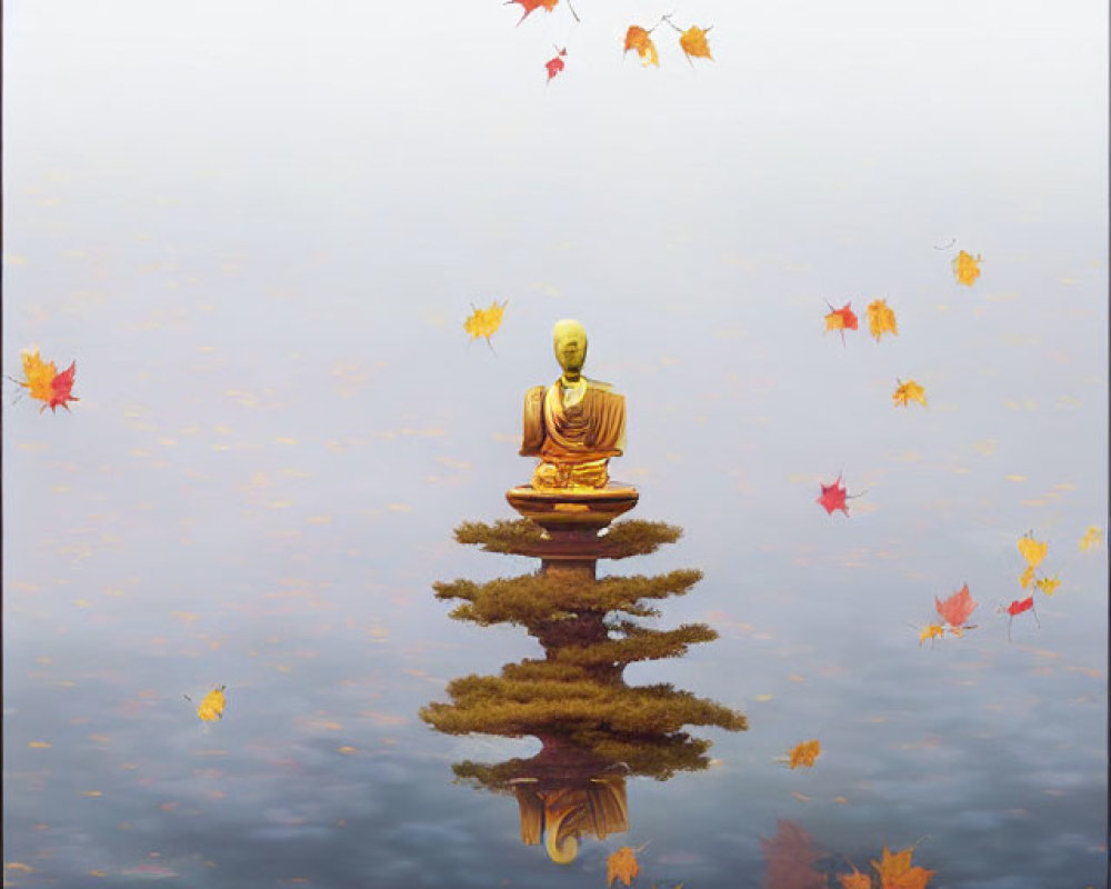 Golden Buddha statue on water with autumn leaves and misty backdrop.