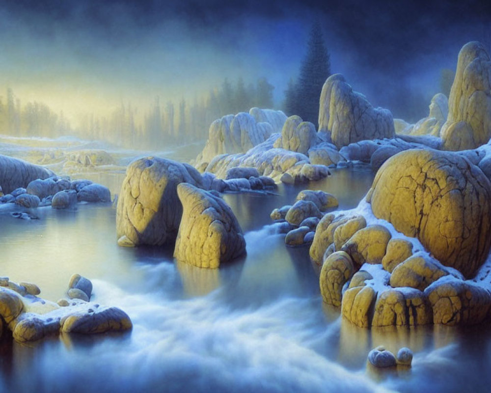 Misty River Landscape with Coniferous Trees