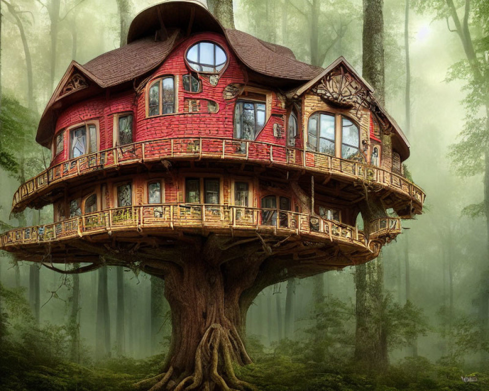 Intricate Wooden Multi-Story Treehouse in Misty Forest