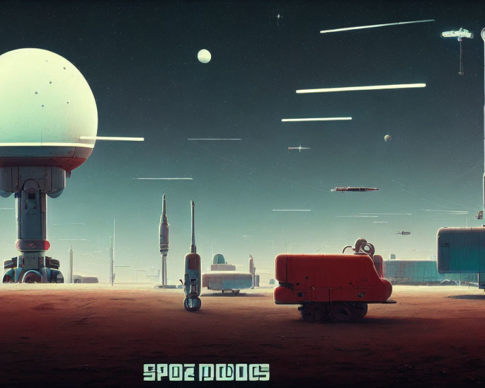 Futuristic retro scene with spherical structure and spacecraft in star-lit sky