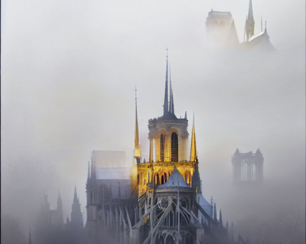 Gothic Cathedral in Misty Setting with Illuminated Spire