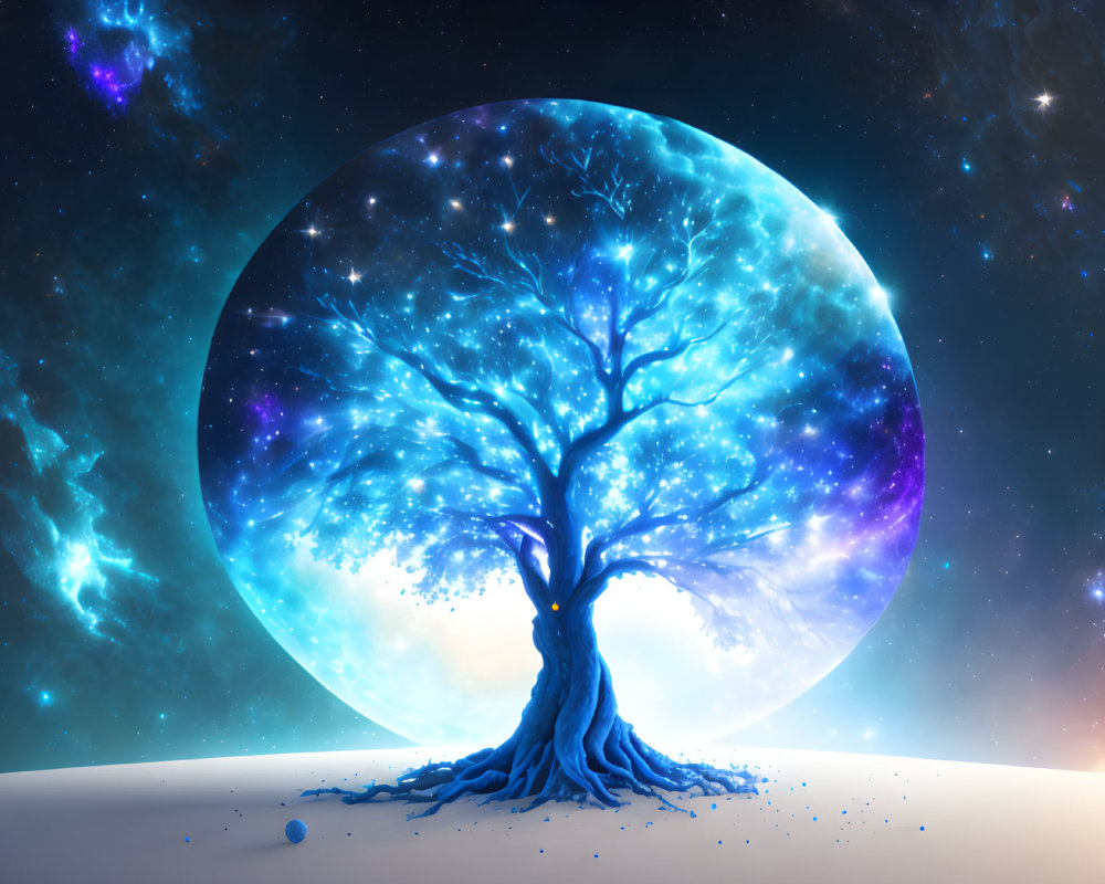 Glowing blue leaves on celestial tree under giant full moon