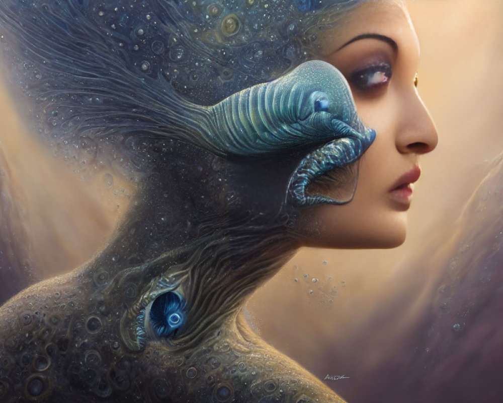 Surreal portrait of woman with peacock-like creature in dreamy setting