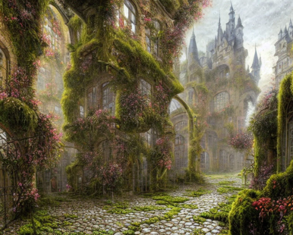 Overgrown castle with ivy, vibrant flowers, and moss-covered stone pathways