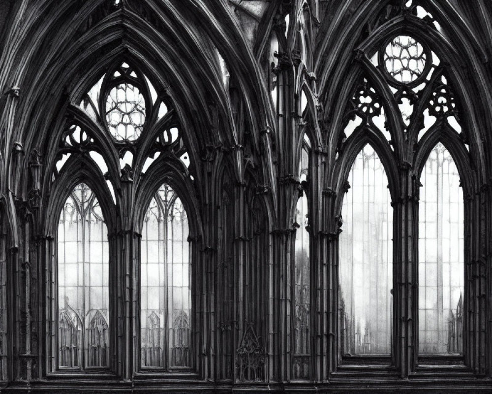 Monochrome sketch of a gothic cathedral interior with intricate arches and stained glass windows