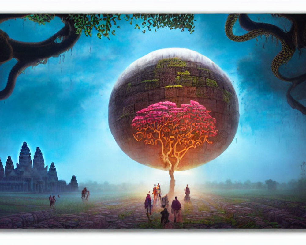 Vibrant pink tree on large floating sphere near Angkor-Wat-like temple