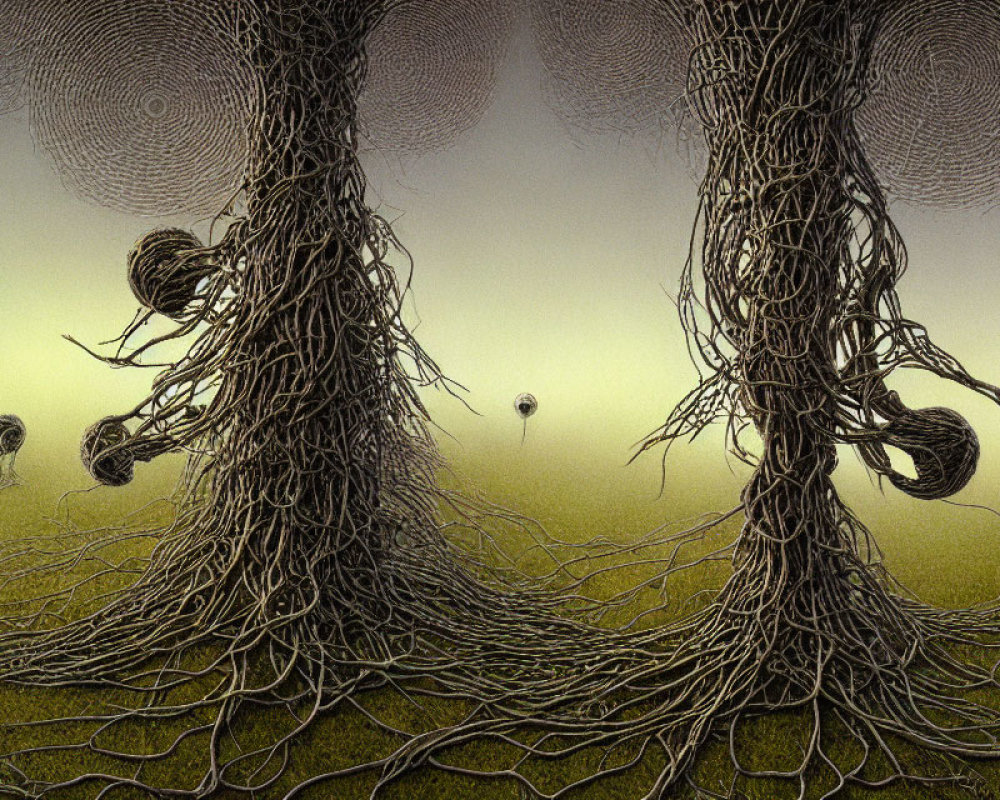 Surreal landscape featuring gnarled trees and floating spheres