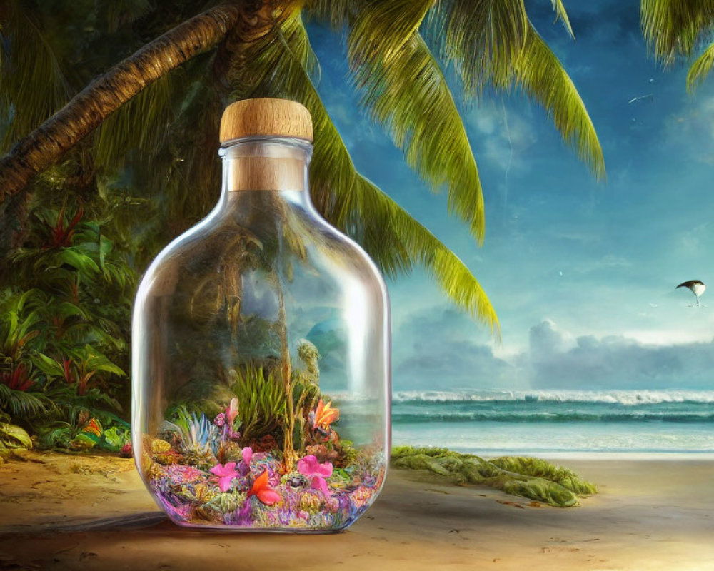 Beach scene with miniature ecosystem in glass bottle, palm trees, and bird