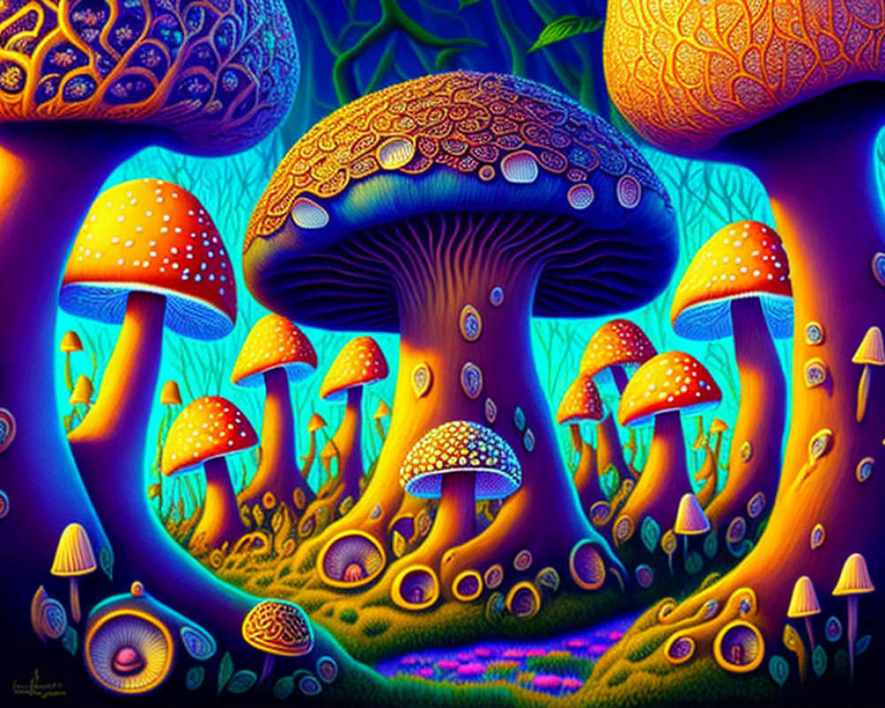 Colorful Psychedelic Mushroom Illustration in Luminous Fantasy Forest