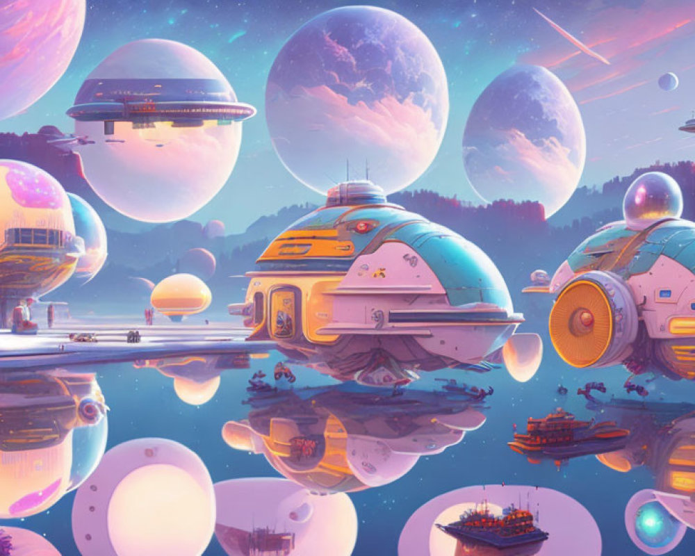 Futuristic sci-fi landscape with domed structures, floating cities, spaceships, and purple sky