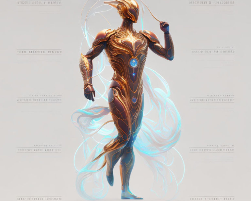 Futuristic metallic humanoid with blue energy lines on pale background