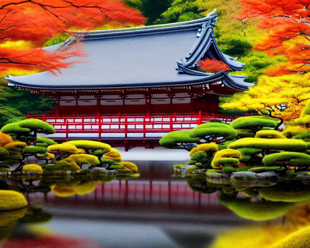 Tranquil Japanese garden with autumn foliage, red bridge, and temple by pond