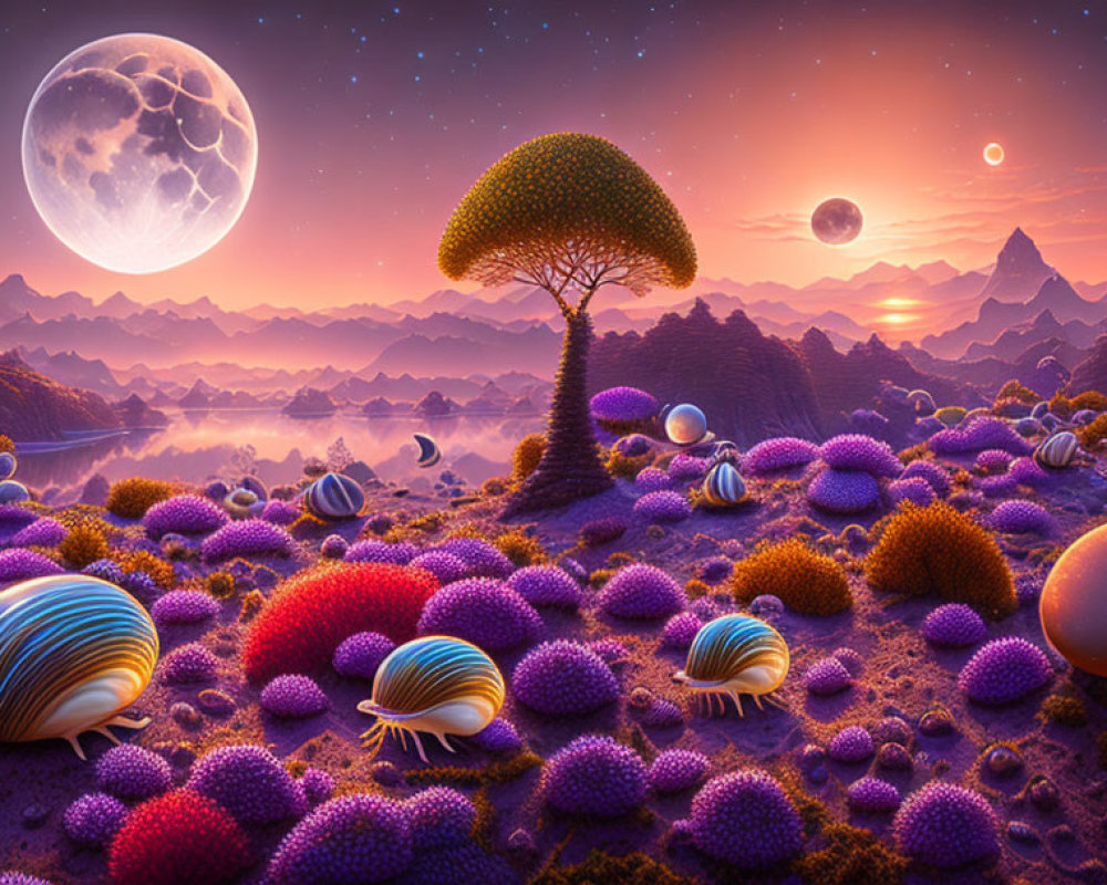 Fantastical landscape with moon, purple flora, striped spheres, lone tree, mountains, river at