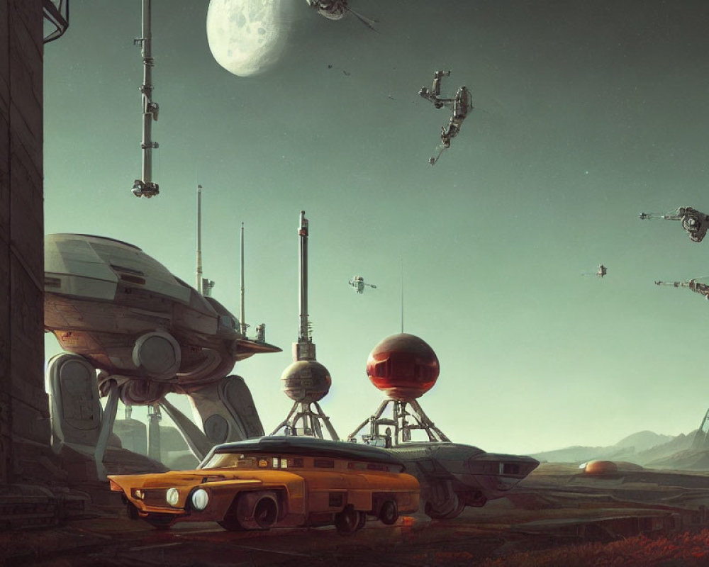 Futuristic sci-fi artwork with hovering car, robots, spacecraft, moon, and towers