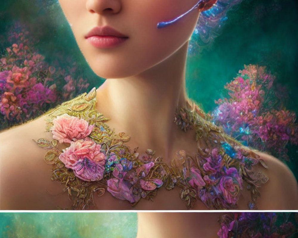 Digital artwork of woman with violet hair and floral skin against soft-focus background