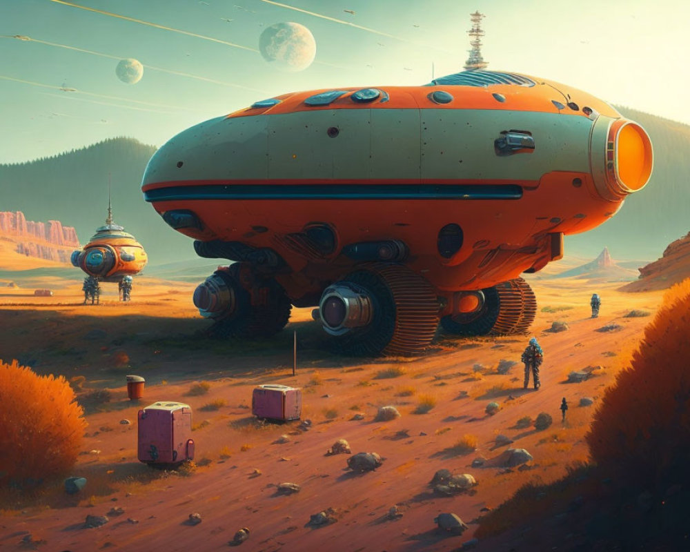 Large Orange Spacecraft on Alien Terrain with Astronauts and Multiple Moons