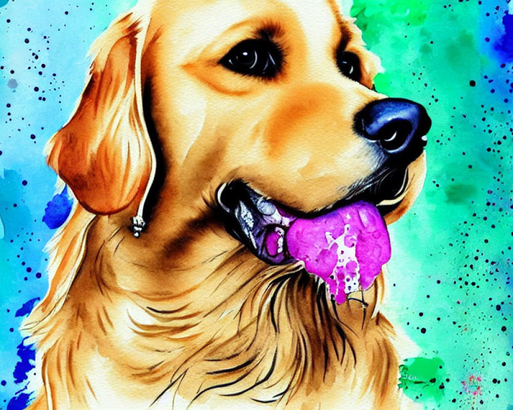 Colorful Watercolor Painting of Golden Retriever with Heart-Shaped Tongue