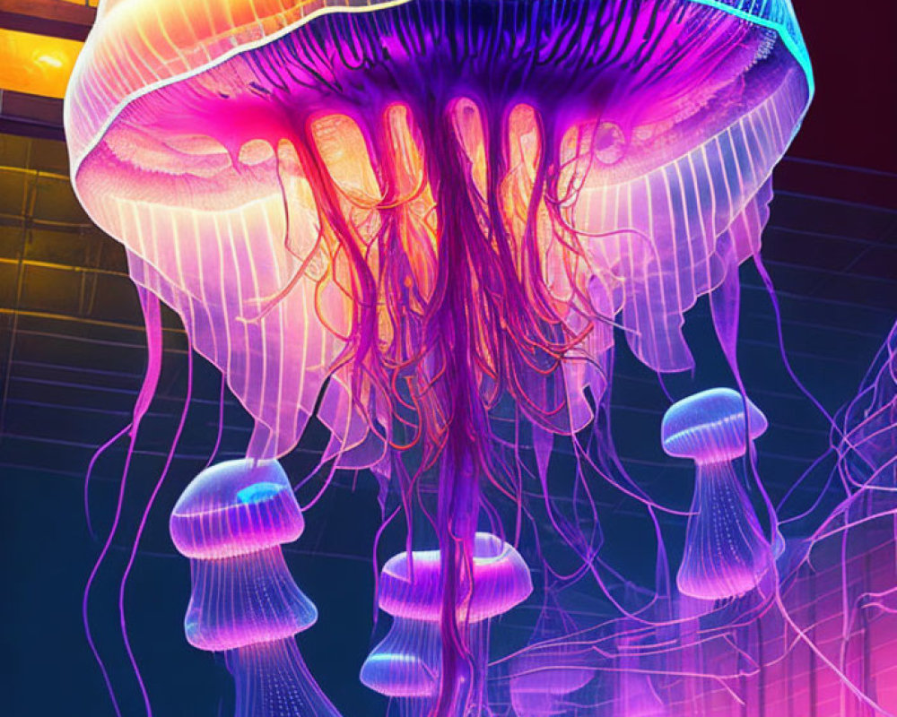 Colorful digital art: Jellyfish in neon pink and purple hues on warm background