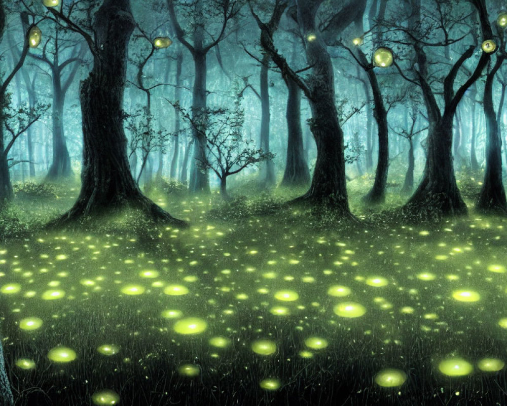 Enchanted forest with glowing orbs and fireflies under twilight canopy