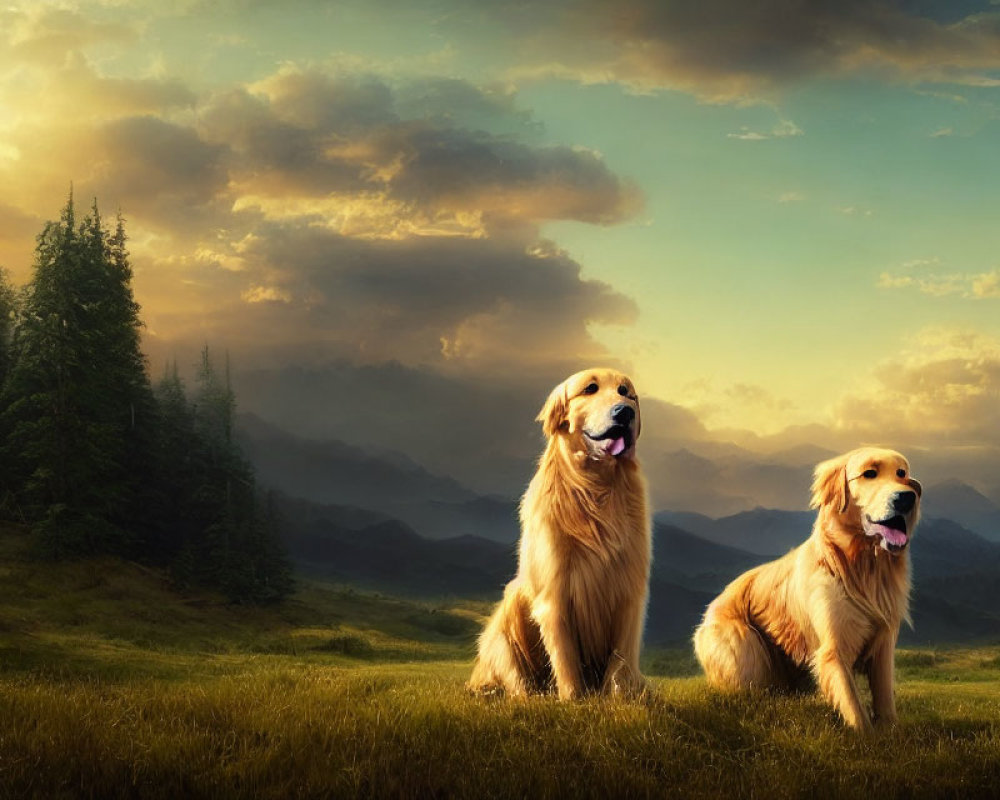 Golden Retrievers in Sunlit Meadow with Forests and Mountains