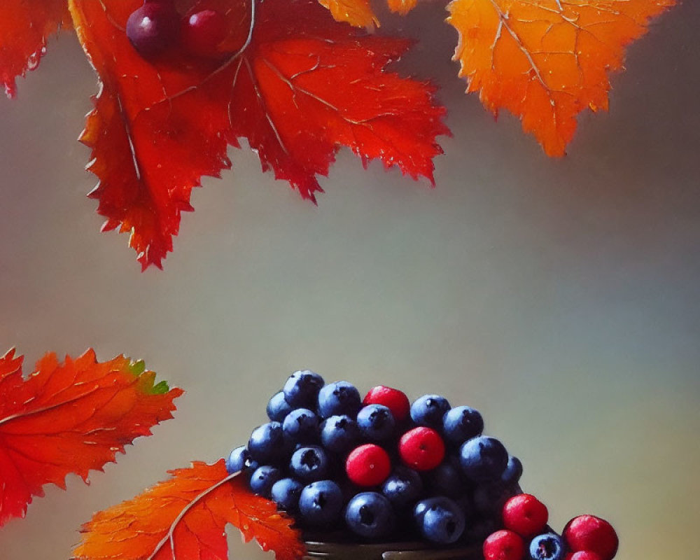 Vibrant orange leaves and dark blue & red berries in autumnal scene